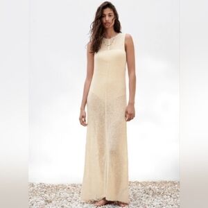 Zara 2 Piece Cream Metalic Thread Maxi Knit Dress W/ Bodysuit Size M